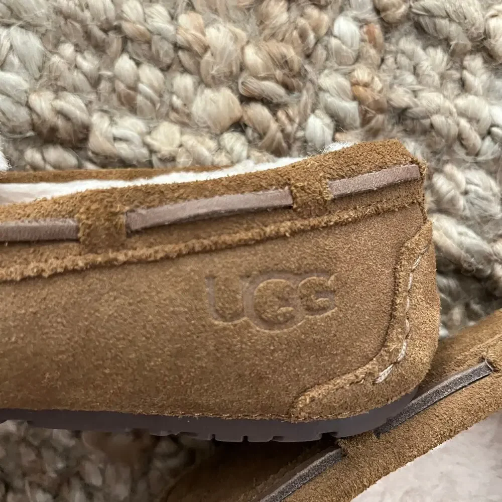 UGG Kids Suede Moccasin Slippers Brown Shearling Lined Shoes Size 1 EUC